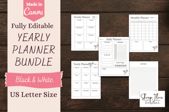 Download Black &amp; White Yearly Planner| Canva - Yearly planner Collection