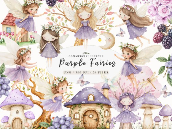 Download Watercolor Magical Garden Purple Fairies - Purple Collection